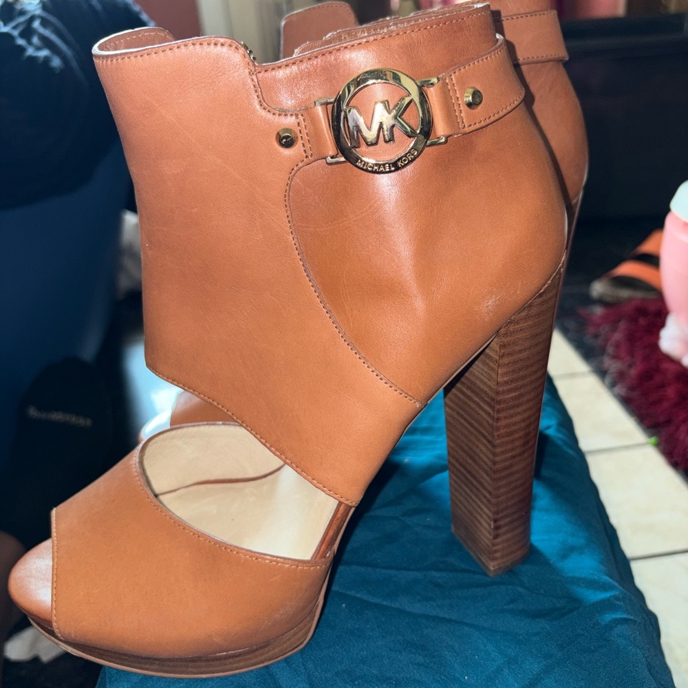 Michael Kors Cognac Leather Peep-Toe Block Heel Booties